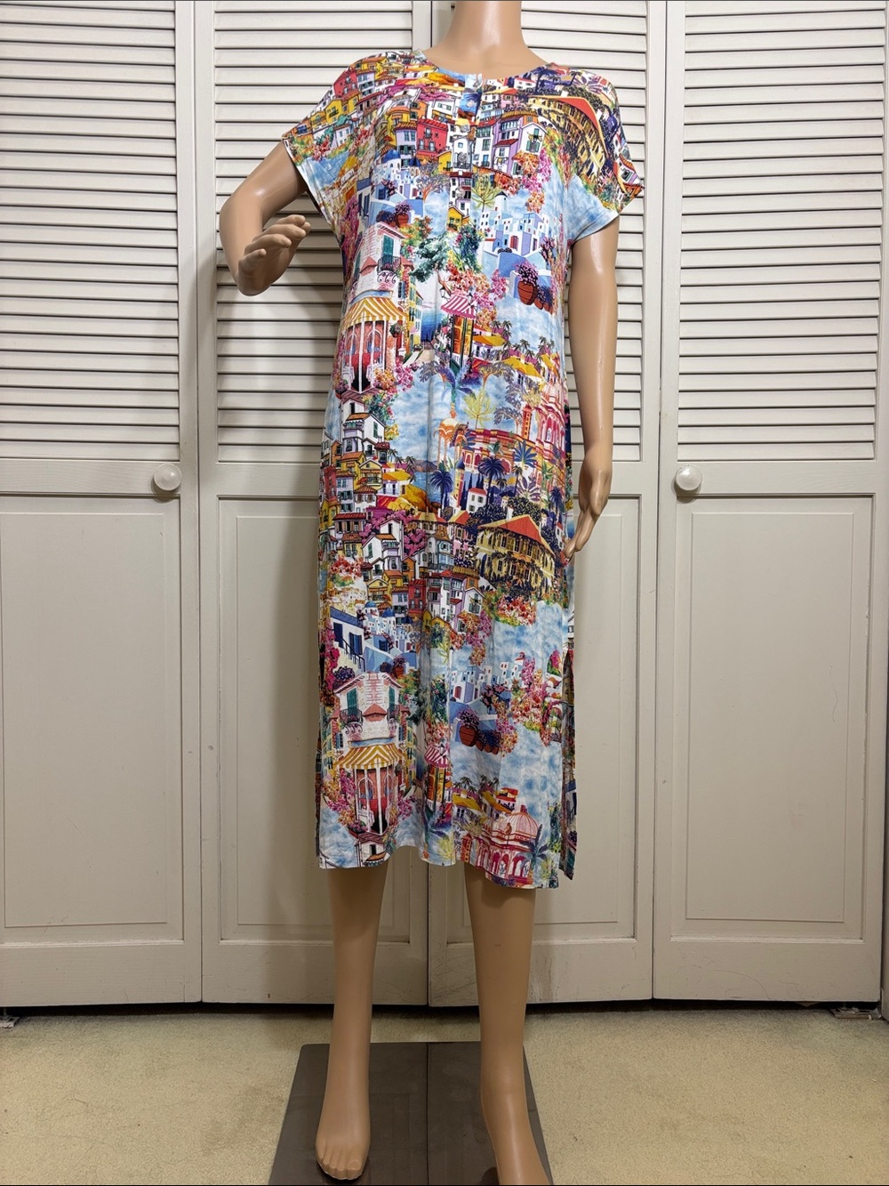 Johnny Was Multicolor Scenic Janie Midi Henley Dress in Cannes Print Small